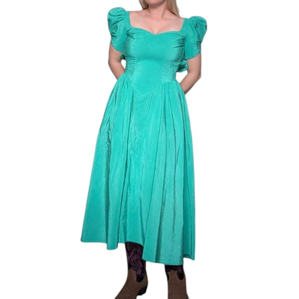 Vintage Handmade Teal Green Princess Dress Regency Bow Ren Fair Womens